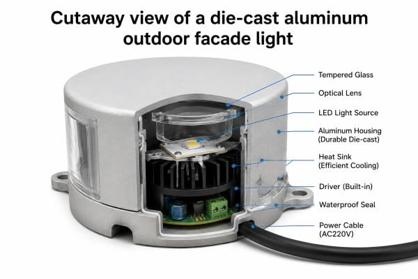 Cutaway view of a die-cast aluminum outdoor facade light
